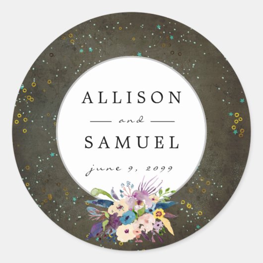 黒板金ゴールド銀の星コンステレーション結婚の ラウンドシール (正面)