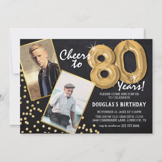 黒板金ゴールド風船2 Photo 80誕生日 招待状 (正面)