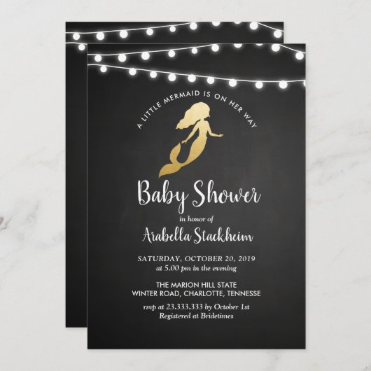 黒板金フェイク箔マーメイドベビーシャワー 招待状 (正面/裏面)