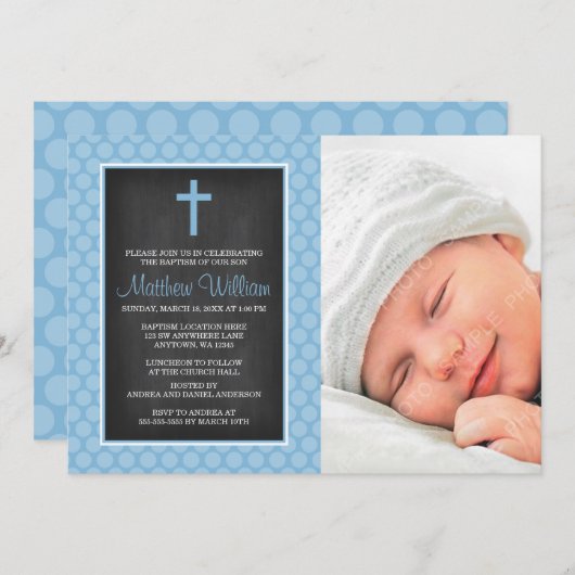 黒板青水玉模様クロスボーイ写真バプテスマ 招待状 (正面/裏面)