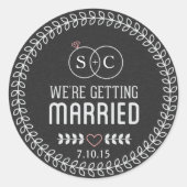 黒板風デザインの結婚式延期お知らせ かわいいイニシャル ラウンドシール (正面)