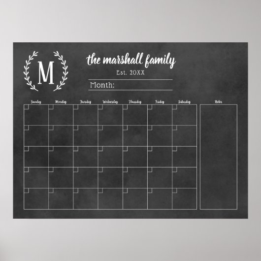 黒板風 月別 ファミリー モノグラム カレンダー ポスター (正面)