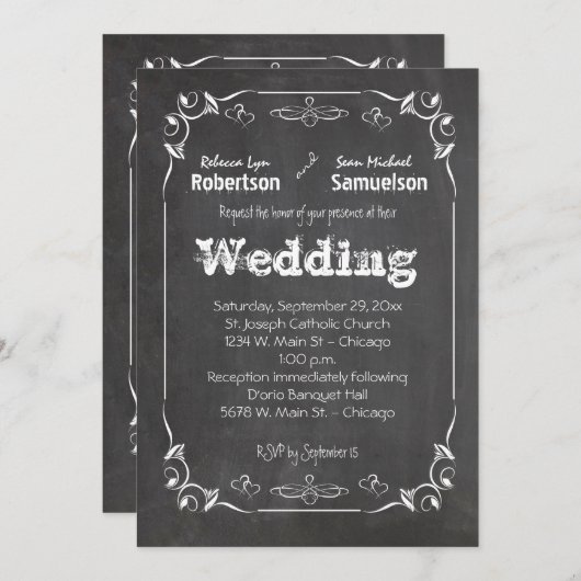 黒板食べの飲み物と結婚結婚したへの招待 招待状 (正面/裏面)