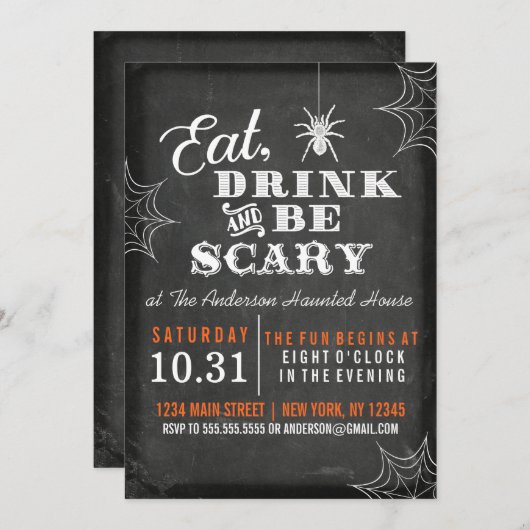 黒板食べ飲み物と怖くなれハローウィンパーティ 招待状 (正面/裏面)