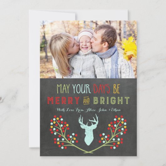 黒板鹿〔雄ジカの〕枝角フローラクリスマスカード シーズンカード (正面)