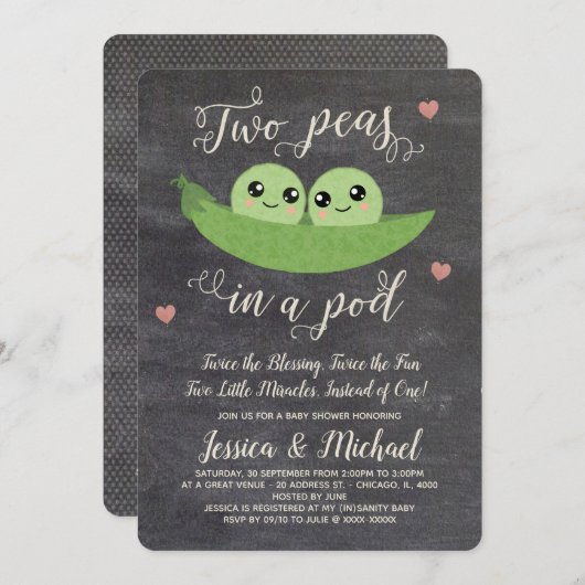 黒板2つのエンドウ豆をポッド双生児シャワー 招待状 (正面/裏面)