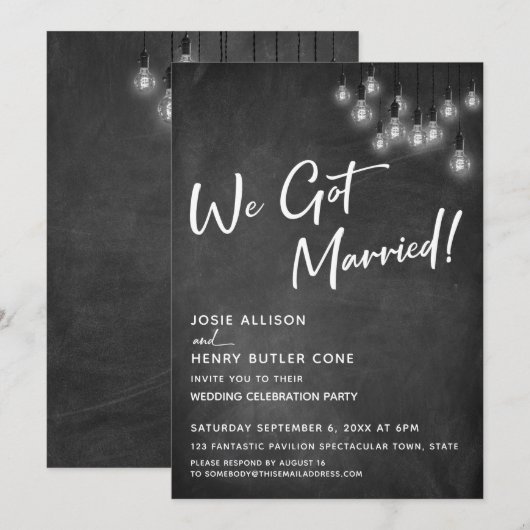黒板 エジソン電球 モダン 結婚しました 招待状 (正面/裏面)