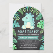 黒板 キュート ティール 恐竜 アーチ ベビーシャワー 招待状 (正面)