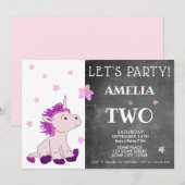 黒板 キュート ピンク ユニコーン 2歳 誕生日 招待状 (正面/裏面)