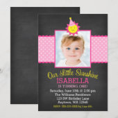 黒板 ピンクのサンシャイン 1歳の誕生日写真 招待状 (正面/裏面)