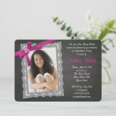 黒板 ピンクの蝶結び リボン レース 写真 卒業 招待状 (スタンド正面)