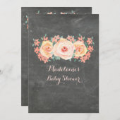 黒板 ピーチ ウォーターカラー フラワーベイビーシャワー 招待状 (正面/裏面)