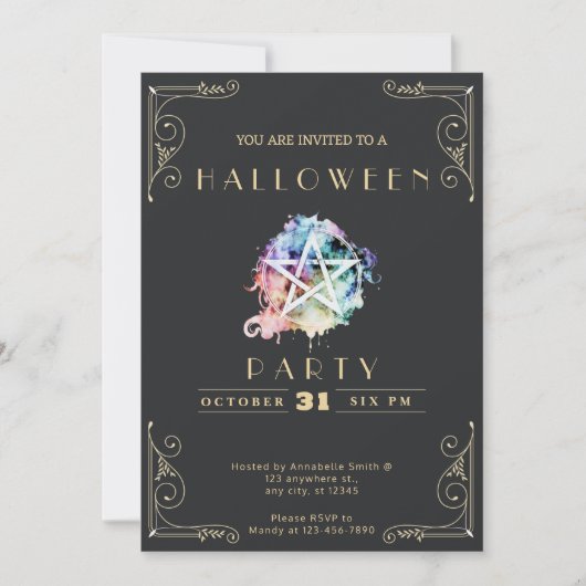 黒板 ブラック & ゴールド ペンタグラム ハロウィン 招待状 (正面)
