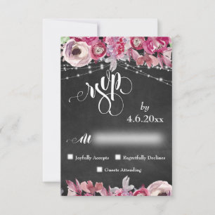 黒板、ライト、書道ピンクの花RSVP 出欠カード