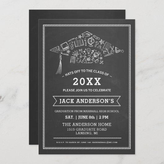 黒板 卒業帽 パーティー 招待状 フォト (正面/裏面)