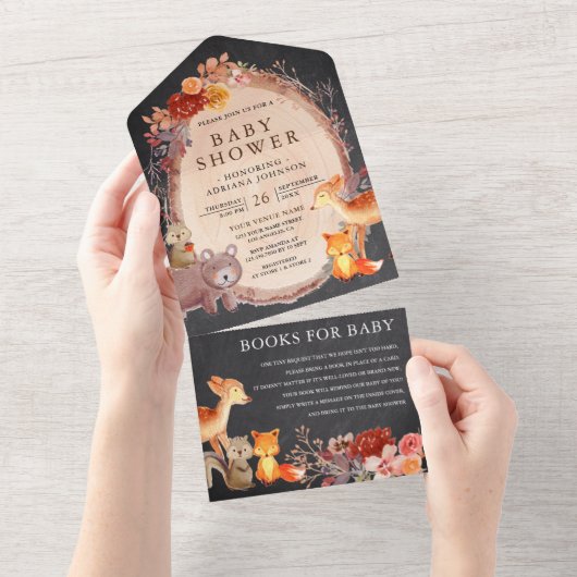 黒板 木の森の森の動物 ベビーシャワー オールインワン招待状 (貼ってはがせる)