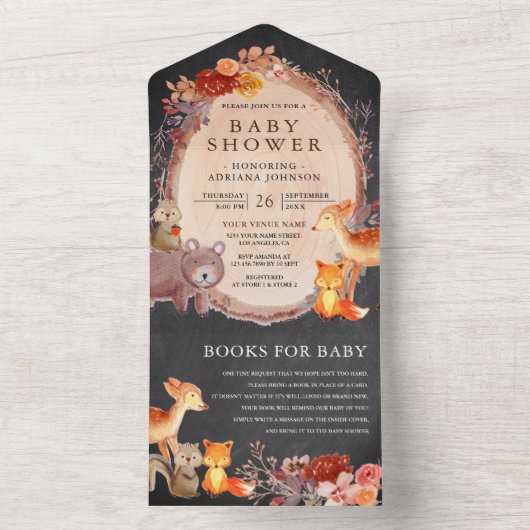 黒板 木の森の森の動物 ベビーシャワー オールインワン招待状 (内側)