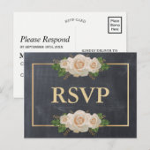 黒板 白いバラ ゴールドフレーム RSVP 料理 インビテーションポストカード (正面/裏面)