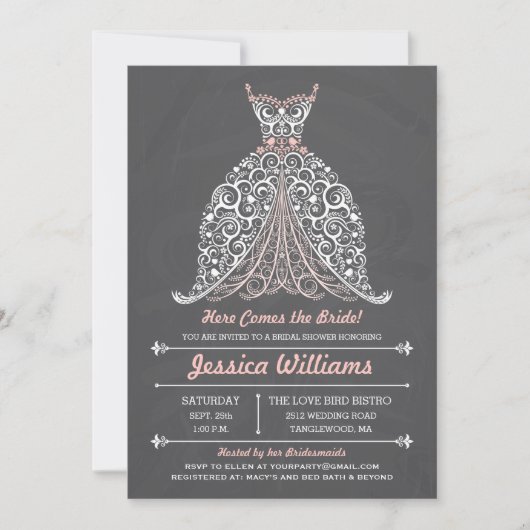 黒板-花嫁をここに来ます! ブライダルシャワー 招待状 (正面)