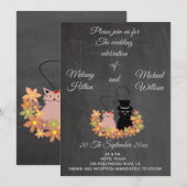 黒板 花柄 ユニーク かわいい ネコカップル 結婚式 招待状 (正面/裏面)