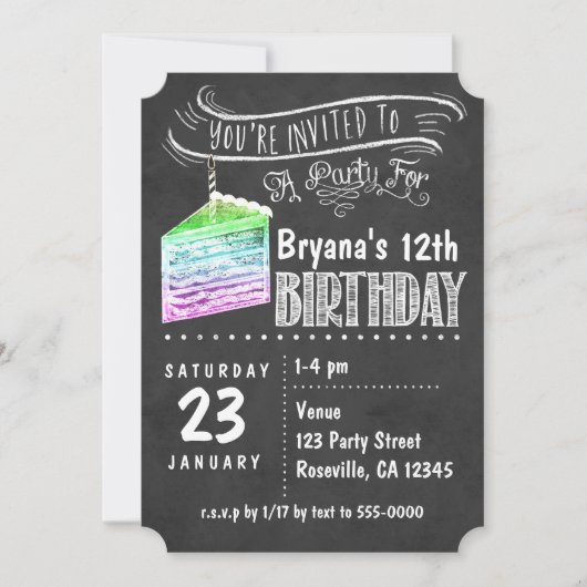 黒板 虹のケーキスライス 誕生日招待状 招待状 (正面)