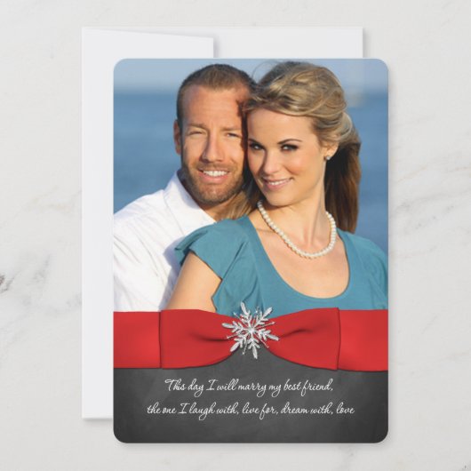 黒板、赤、銀の雪の結晶の結婚式の招待 招待状 (正面)