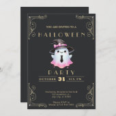 黒板 黒と金色 ピンク 白 ゴースト ハロウィン 招待状 (正面/裏面)