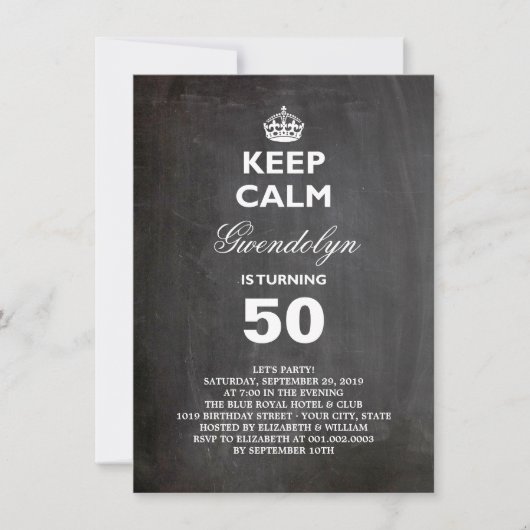 黒板 Keep Calm 面白い 50歳の誕生日招待状 招待状 (正面)