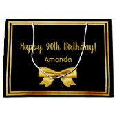 黒枠の90歳の誕生日パーティー·金ゴールド·ネーム·ボウ ラージペーパーバッグ (正面)
