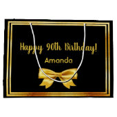 黒枠の90歳の誕生日パーティー·金ゴールド·ネーム·ボウ ラージペーパーバッグ (裏面)