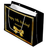 黒枠の90歳の誕生日パーティー·金ゴールド·ネーム·ボウ ラージペーパーバッグ (正面アングル)