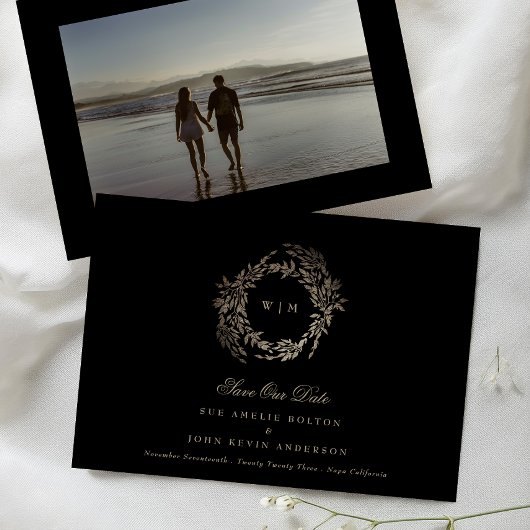 黒檀の植物性モノグラムの結婚金ゴールド セーブザデート