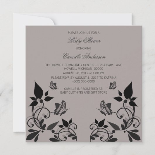 黒檀バタフライフローラベビーシャワー招待状 招待状 (正面)
