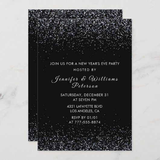 黒正月大晦日の招待状シルバーグリッター 招待状 (正面/裏面)