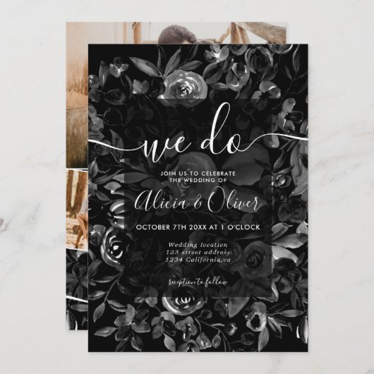 黒水カラーフローラ写結婚真イニシャル 招待状 (正面/裏面)