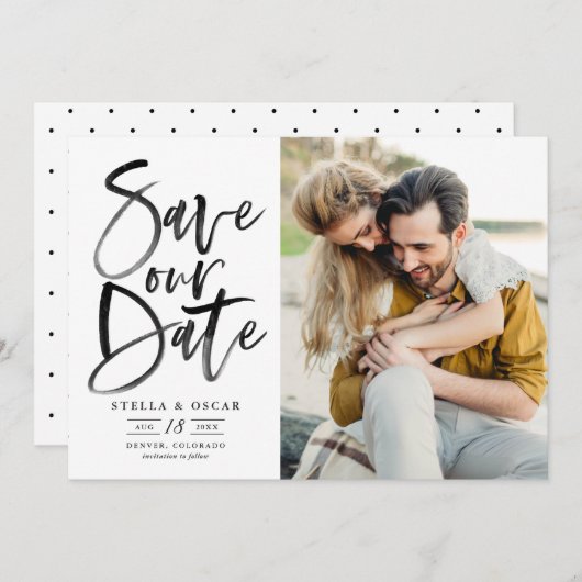 黒水彩筆跡の写真 セーブザデート (正面/裏面)