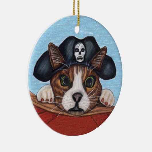 黒海賊帽に怯えた猫を赤い船 セラミックオーナメント (右)