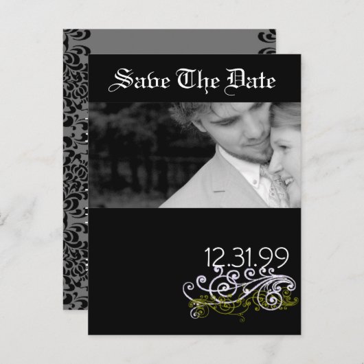 黒渦巻形のと白の日付の保存 案内ポストカード (正面/裏面)