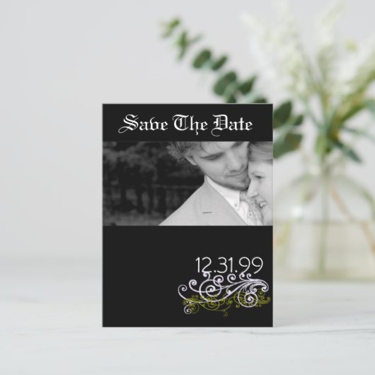 黒渦巻形のと白の日付の保存 案内ポストカード (スタンド正面)