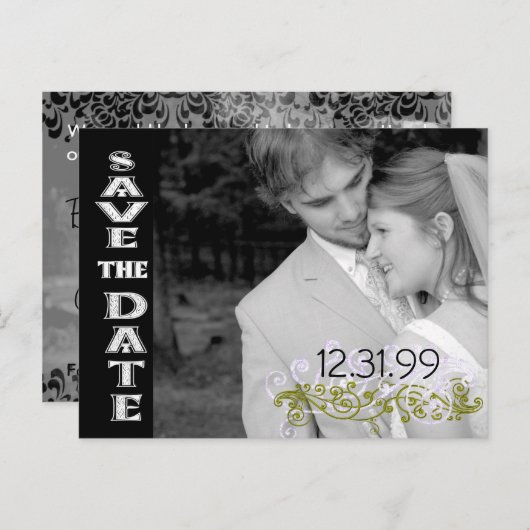 黒渦巻形のと白の日付の保存 案内ポストカード (正面/裏面)