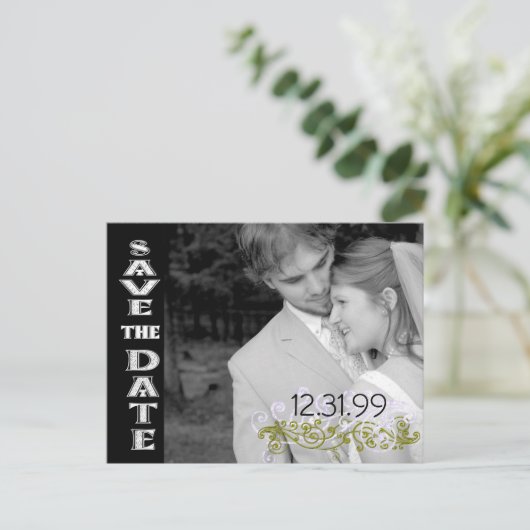 黒渦巻形のと白の日付の保存 案内ポストカード (スタンド正面)