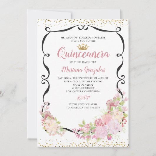 黒渦巻形の枠ピンクフローラキンセアニェラ 招待状 (正面)