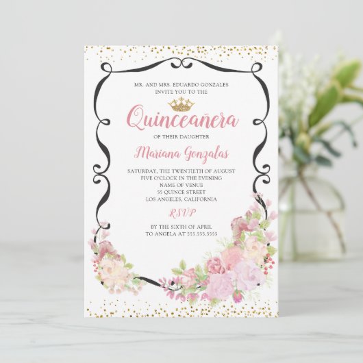 黒渦巻形の枠ピンクフローラキンセアニェラ 招待状 (スタンド正面)