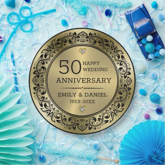 黒渦巻形の枠50結婚周年 ペーパープレート (パーティー)