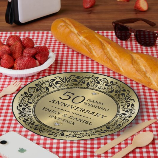 黒渦巻形の枠50結婚周年 ペーパープレート (ピクニック)