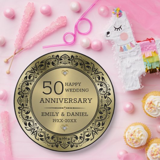 黒渦巻形の枠50結婚周年 ペーパープレート (パーティー)