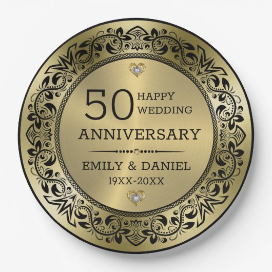 黒渦巻形の枠50結婚周年 ペーパープレート (正面)