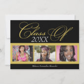 黒渦巻形の/金ゴールド3写真卒業のお知らせ 招待状 (正面)