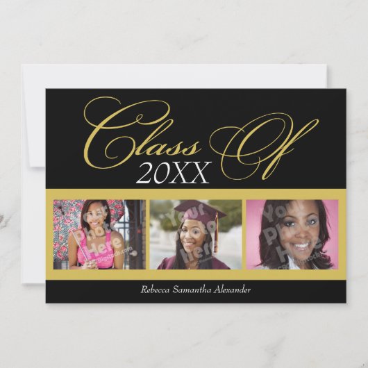 黒渦巻形の/金ゴールド3写真卒業のお知らせ 招待状 (正面)