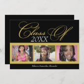 黒渦巻形の/金ゴールド3写真卒業のお知らせ 招待状 (正面/裏面)